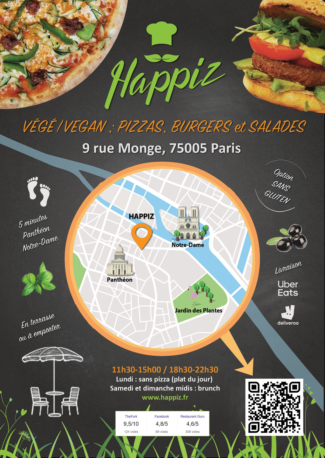 Restaurant vegan à Paris, Happiz vous propose des pizzas, burgers et salades véganes et végétariens